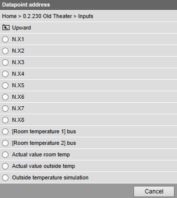 5. Pro zaznamenání venkovní teploty v tomto příkladu se používá datový bod "Actual value outside temp" "0.2.230 Old Theater > Vstupy". 6.