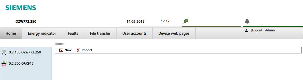 Nastavení web serveru Pro nastavení web serveru se používá menu "Home". Web server a odpovídající položky menu se následně vyberou v levé liště.