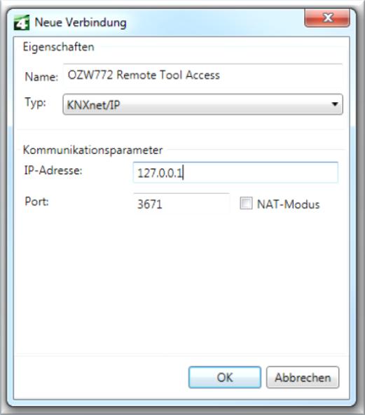 ETS Připojení s ETS se provede následovně: 1. Zvolte menu New connection v ETS 2. Vyberte typ připojení KNXnet/IP 3. Zadejte lokální IP adresu podle Remote Tool Access (např. 127.0.0.2) 4.