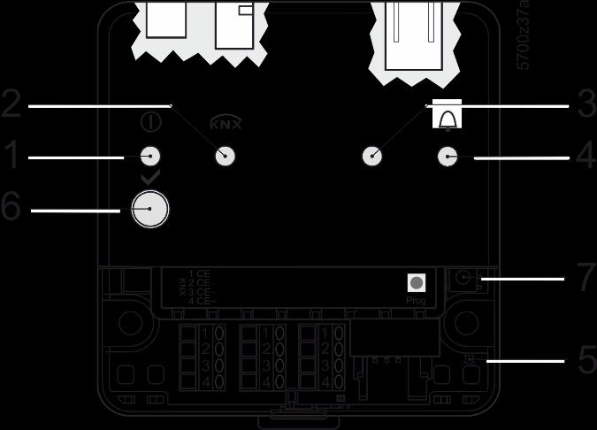 Zobrazovací a ovládací prvky web serveru Přehled Poz Popis 1 LED Provoz, připojení k portálu Synco IC a "Indikátor spotřeby" 2 LED 3 Bez funkce 4 LED porucha 5 LED Programovací režim 6 Tlačítko 7