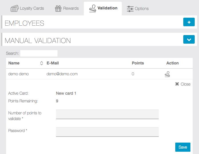 To validate the points via the backoffice, you ll need to select the user and click on stamp icon (figure 2.C.1 and 2.C.2).