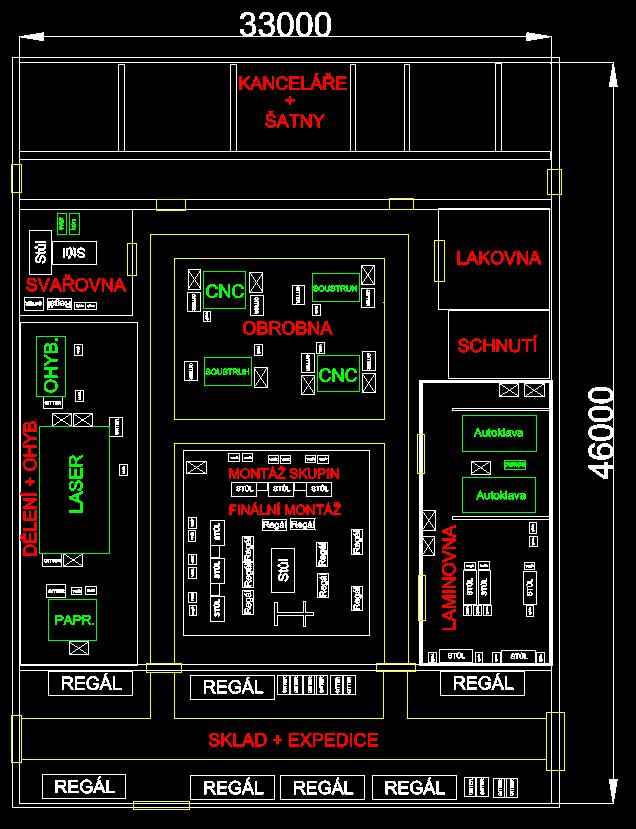 Jak by mohl vypadat layout po změně vidíme na obrázku 6-1. Obrázek 6-1 Layout po změně výrobního postupu Z obrázku výše je patrné, že zastavěná plocha výrobního systému by byla 46 x 33 metrů.