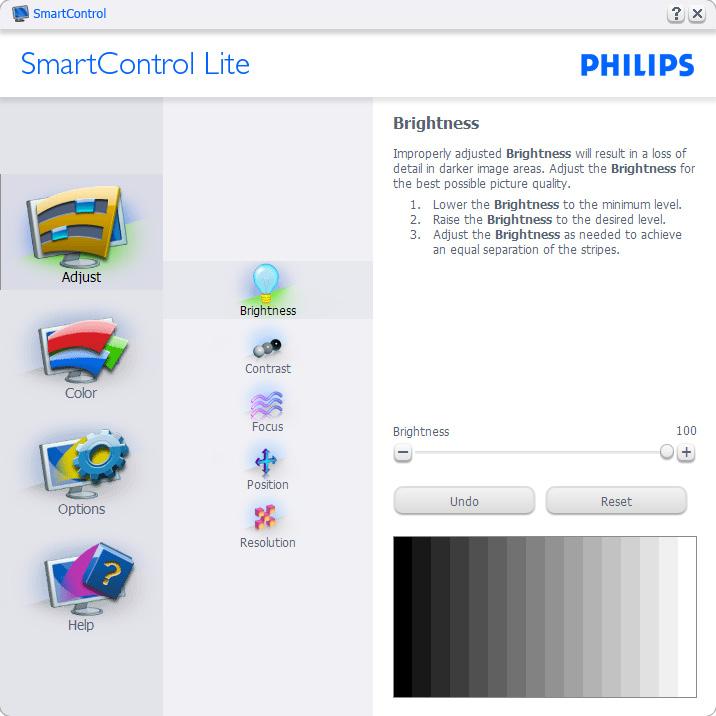 3. Optimalizace Obrazu Spuštění s podoknem Standard (Standardní): Nabídka Adjust (Nastavení): Nabídka Adjust (Nastavení) umožňuje upravit Brightness (Jas), Contrast (Kontrast),