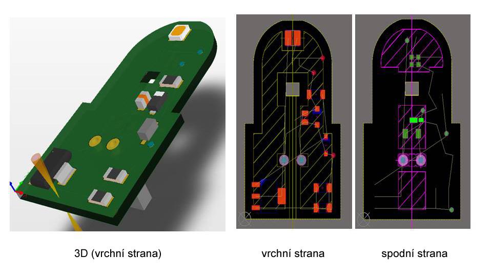 Obr. 12. 3D vrchní strana, horní a spodní strana. Umístěte součástky s pevnou pozicí (z mechanického návrhu) jako jsou LED a konektor.