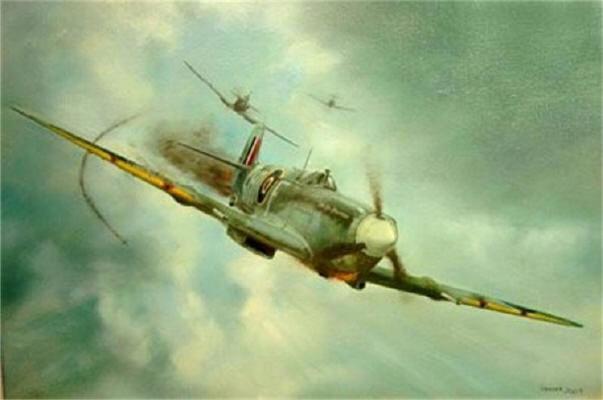 Nahoře: velitel peruti František Fajtl uniká svým protivníkům v poškozeném Spitfiru. Za ním se Spitfire rotmistra Karla Pavlíka nekontrolovatelně ve spirále řítí k zemi.