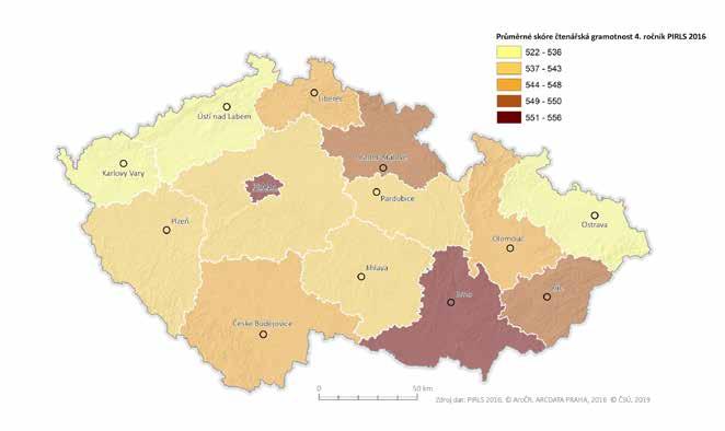 4 Základní zjištění Úvodní analytická sekce se věnuje základním a obecným zjištěním sekundární analýzy PIRLS 2016 a začíná při agregaci na úrovni českých krajů.
