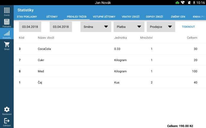 Obsahuje: - Rozpis položek zboží - Datum - Číslo účtenky - FIK - Celková částka Je zde možnost: - Znovu vytisknout účtenku - Poslání účtenky e-mailem - Dodatečně fiskalizovat - Stornovat účtenku 4.