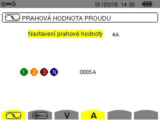 4V nebo 3U: všechny kanály mají stejnou prahovou hodnotu. Stiskněte tlačítko, potom tlačítky, žlutě zvýrazněte prahovou hodnotu. Stiskněte tlačítko, potom tlačítky,, a změňte prahovou hodnotu.