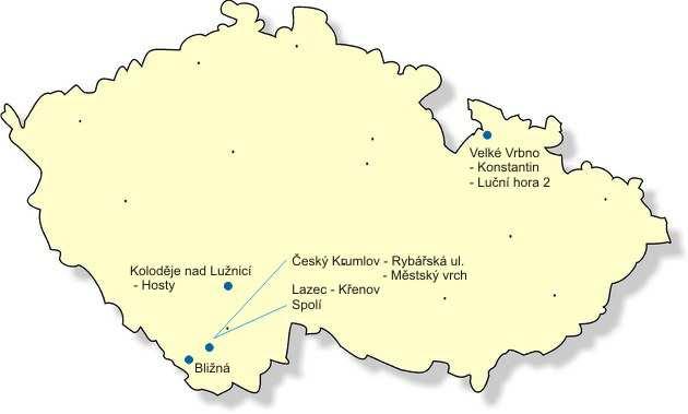 žiska grafitu krystalického Český Krumlov Městský vrch, Lazec Křenov, Koloděje nad Lužnicí Hosty. Ložiska grafitu smíšeného Spolí.