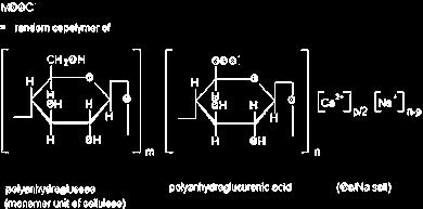 Obecný vzorec pro konečnou látku MDOC, vápenato-sodnou sůl oxidované celulózy, může být napsán jako [ ( C 6 H 10 O 5 ) 1-x ( C 6 H 7 O 6 ) x ] n [Ca 2+ ] nxp/2 [Na + ]