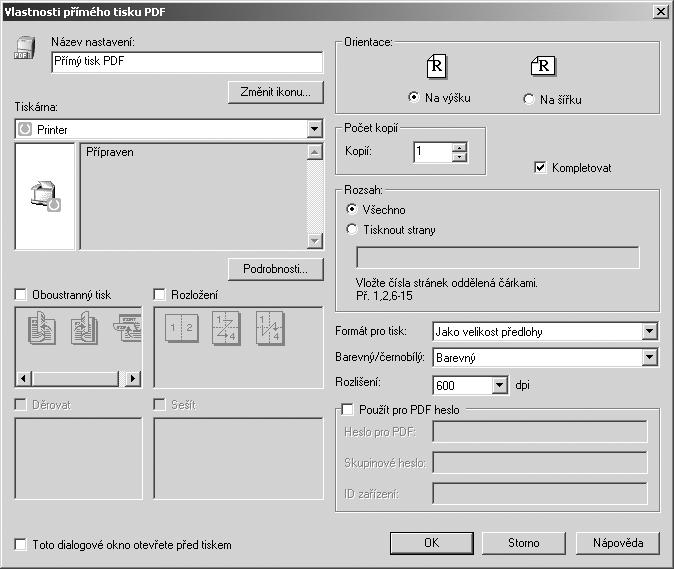 Jiné tiskové úlohy Vlastnosti pøímého tisku PDF 3 AMO160S CS 1. Název nastavení: Zobrazuje konfiguraèní název pro plugin (aô 63 znakù) 2. Zmìnit ikonu... Mìní ikonu zobrazenou na panelu nástrojù. 3. Tiskárna: Zobrazuje seznam ovladaèù RPCS, které podporují pøímî tisk PDF.
