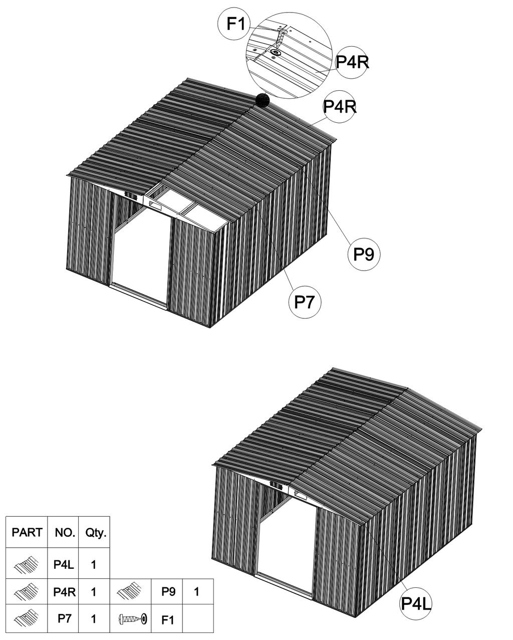 Krok / punkt 10 CZ Umístěte střešní panely (P4L), (P4R), (P7) a (P9) na vršek štítových panelů a střešních podpěr. Srovnejte otvory a upevněte je za pomoci šroubků (F1), matek a podložek.