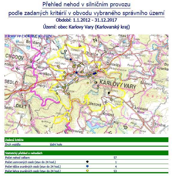 Obrázek 24: Přehled a lokalizace DN s účastí cyklistů na území města Karlovy Vary, období 2012-