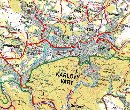 Obrázek 27: Lokalizace DN s těžkým zraněním chodce, Karlovy Vary, období 2012-2017, zdroj Policie ČR Lokalizaci dopravních nehod s účastí chodců s následkem lehkého zranění osoby dokládá další