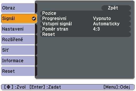 (Pouze EB-1735W/1725) Počítačový obraz Component videog (Komponentní video) Composite videog(kompozitní video)/svideog Dílčí nabídka Funkce Autom.