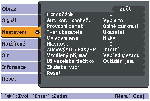 Seznam funkcí 43 Nabídka Nastavení EB-1735W/1725 EB-1730W/1720 Dílčí nabídka Úprava lichoběžníkového zkreslení Aut. kor. lichobež. Funkce Umožňuje upravit lichoběžníkové zkreslení ve svislém směru.