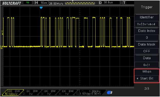 IIC Trigger Při nastavení signálů sběrnice IIC (Inter-IC bus) se osciloskop připojí sériové datové lince (SDA) a k sériové hodinové lince (SCL) a poté se specifikují prahové hodnoty napětí vstupního