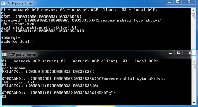 2. Spustí se druhá instance acp network.exe a zvolí se možnost 02 ACP klient, který okamžitě odešle zprávu START. 3. Zvolí se požadované aktivum. 4. Zadá se uživatelské jméno a heslo. 5.
