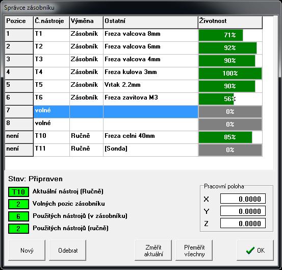 3 Hlavní menu programu - Správce nástrojů 3.6 Správce nástrojů Správce nástrojů slouží k přidávání nových nástrojů nebo k odebírání nástrojů z řídícího systému a zásobníku.
