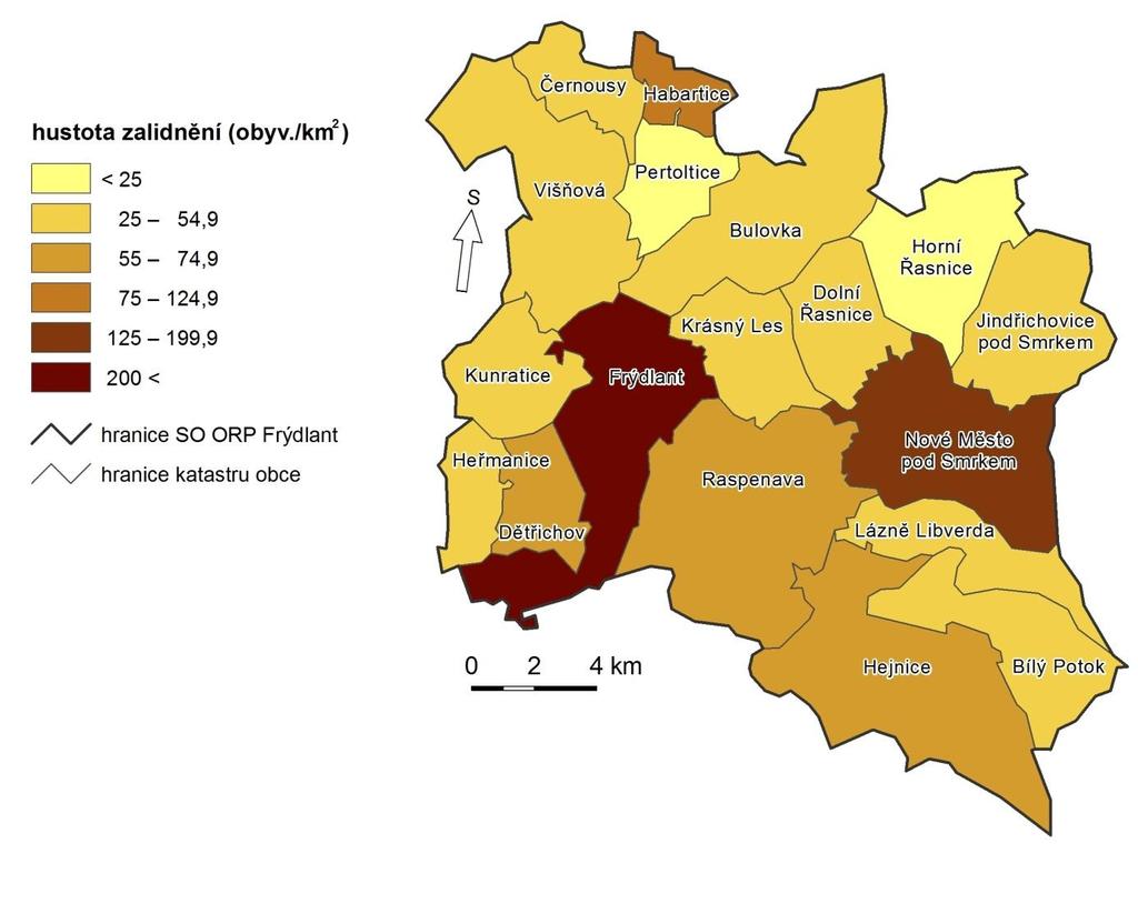 Příloha 3: Hustota zalidnění v obcích SO ORP Frýdlant (2001) Zdroj dat: Geodatabáze ArcČR 500, ARCDATA Praha, s. r. o., 2003.