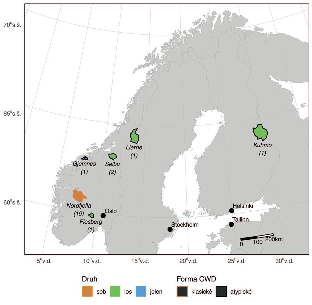 36 Mapa 2: Případy CWD v Norsku a Finsku. Vyznačeny jsou správní obvody obcí, v nichž byly případy atypického CWD diagnostikovány. Číslo v závorce u názvu udává počet případů, vybarvení druh zvířete.