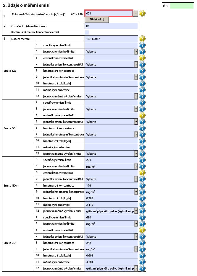 V listu Měření jsou uvedeny měřené emise plynové kotelny (NOx a CO). Vyplněny by měly být údaje o emisním limitu, naměřené koncentraci, vypočteném hmotnostním toku a měrné výrobní emisi.