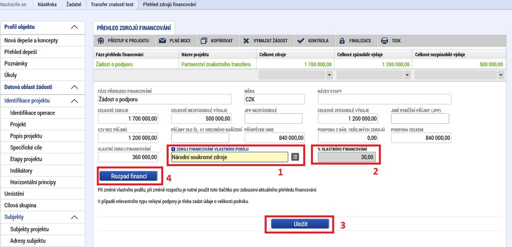 Přehled zdrojů financování Na záložce Přehled zdrojů financování dochází k výpočtu požadované dotace na základě údajů vyplněných na záložkách Subjekty projektu a Rozpočet základní.
