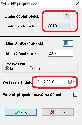 Obrázek: Výběr při sestavení některého z výkazů Při sestavení výkazu hospodaření, rozvahy i přílohy vybíráme vždy období aktuální nahoře v údajích zadej účetní období a zadej účetní rok.