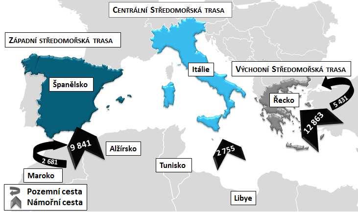 Aktuální situace na migračních trasách V druhém čtvrtletí roku 2019 přicestovalo do Evropy nelegálně celkem 19 959 migrantů, z toho 15 990 po moři (Španělsko, Itálie, Řecko, Malta a Kypr) a 3 969 po