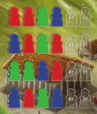 V tomto příkladu hry 3 hráčů se nepoužívají dva sloupce nejvíce vpravo. Proto byl konec hry spuštěn v okamžiku, kdy modrý hráč umístil na radnici posledního služebníka (vpravo dole).