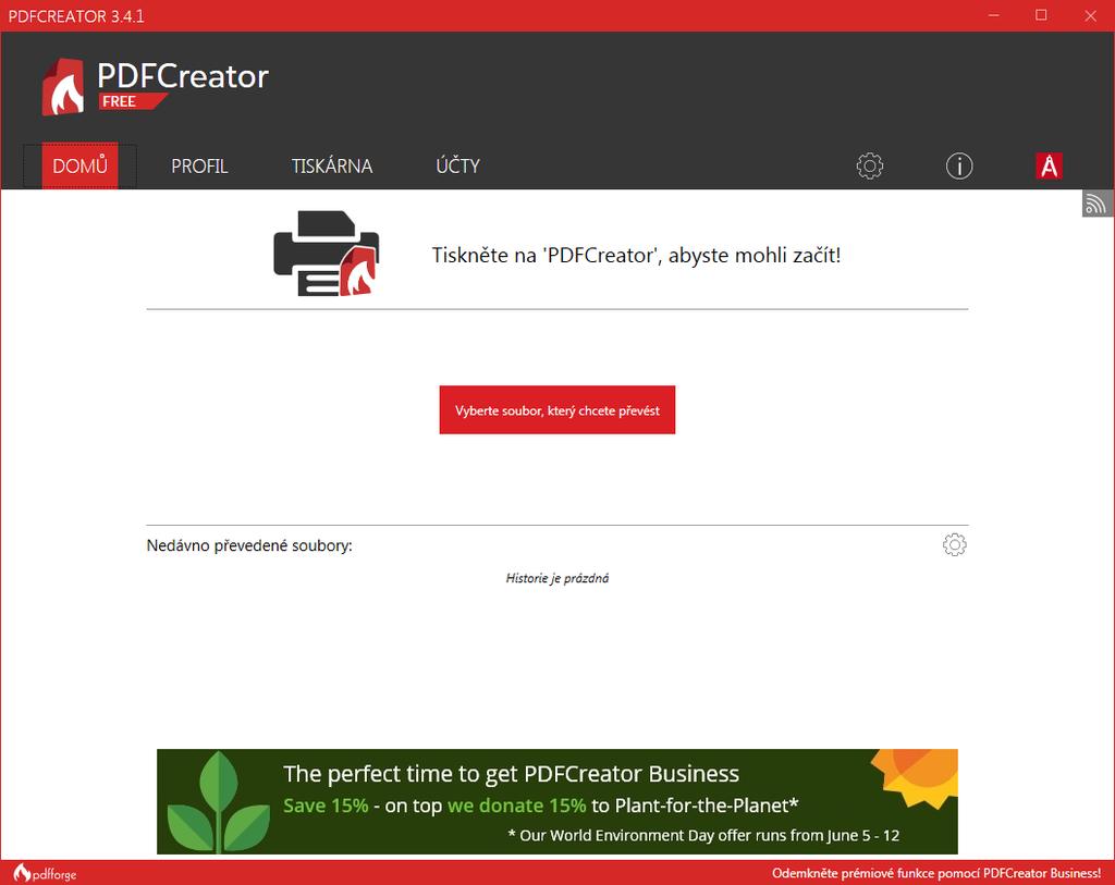 PDF můžete vytvářet buď přímo přes spuštěný PDF Creator v menu DOMŮ,