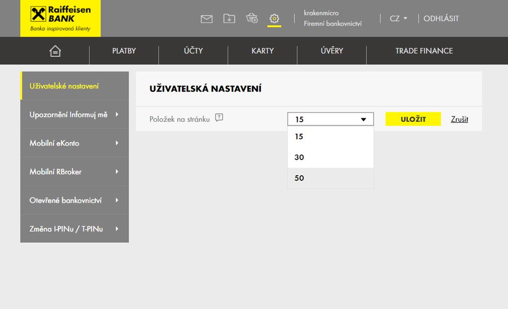 2. NASTAVENÍ POČTU POLOŽEK NA STRÁNCE (15, 30 NEBO 50) Nově můžete nastavit větší počet položek, které budeme v přehledech (historie pohybů, přehled plateb ) zobrazovat na jedné stránce.