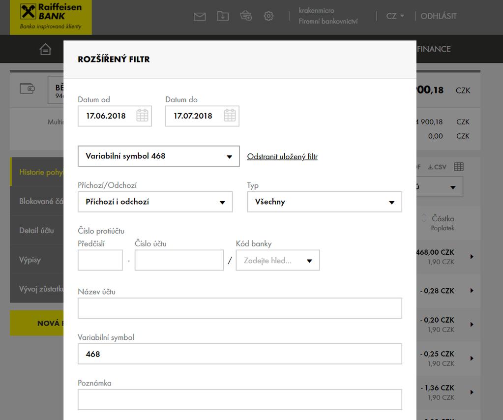 3. VYHLEDÁNÍ PLATEB PODLE VARIABILNÍHO SYMBOLU Do rozšířeného filtru Historie pohybů na účtu jsme přidali variabilní symbol.