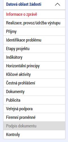 Záložka Podpis dokumentu se otevře pro editaci až po finalizaci Zprávy o realizaci.