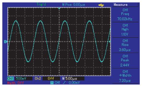 Kapitola 3: Příklady použití Příklad 1: Měření jednoduchého signálu 1) Rychlé zobrazení neznámého signálu ze vstupu a změření jeho frekvence a špičkových hodnot.