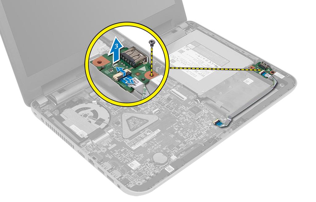 Montáž desky I/O 1. Umístěte desku I/O do svého slotu a zatlačte ji na místo. 2. Utáhněte šroub, který připevňuje desku I/O k počítači. 3. Připojte kabel I/O k systémové desce. 4.