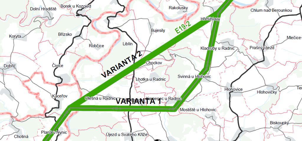 Obrázek 1: Variantní vedení ZVN 400 kv Hradec Chrást mezi Kaceřovem a Hřešihlavami Koridory se vymezují v šířce 300 m (150 m na každou stranu od osy vedené v aktuálních datech ÚAP Plzeňského kraje).