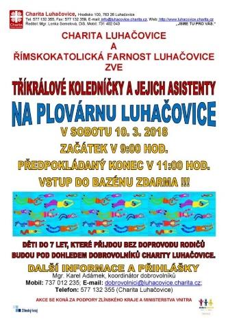 V sobotu 10. března 2018 Charita Luhačovice a Římskokatolická farnost v Luhačovicích pozvala tříkrálové koledníky a jejich asistenty na Městskou plovárnu v Luhačovicích.