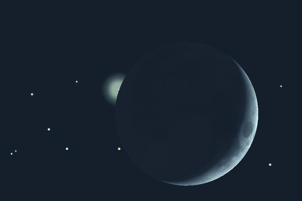 Pohled loveckým triedrem. Jasná Venuše mizí za okrajem Měsíce. CO BUDEME POZOROVAT? Bude rozdíl mezi tím, co spatříme pouhýma očima a co spatříme dalekohledem.