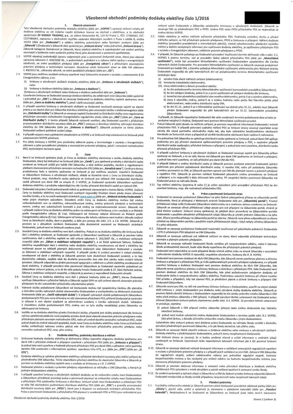 Všeobecné obchodní podmínky dodávky elektřny čílo 1/