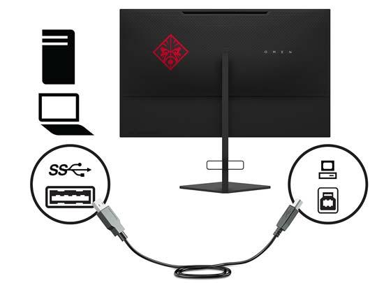 3. Připojte konektor Type-B kabelu USB pro odchozí data do portu USB pro odchozí data na zadní straně monitoru.