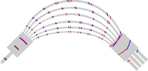 splitteru, ale AWG (Arrayed Waveguide Grating) mřížku, která umožňuje separaci jednotlivých vlnových délek do samostatných optických vláken na základě difrakce. Její princip je naznačen na obrázku.