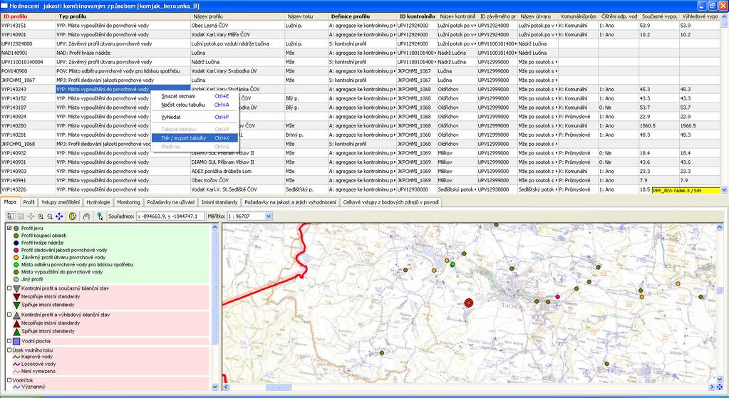 6.2.5 Tisk / export tabulky Vybraná data lze přímo z editoru tisknout nebo exportovat. K tisku/exportu dat slouží příkazy Tisk / export a Tisk kontextové nabídky souhrnné tabulky.