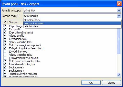 V dialogovém okně lze dále omezit rozsah sloupců pro výstup. Ukázka dialogového okna pro Tisk / export je na následujícím obrázku. Volba Tisk je dostupná pouze pro výstup dat Vyhodnocení profilů VS.