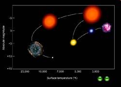 Stopy hvězdného vývoje v HRD po dobu života hvězdy se mění její místo v HR diagramu proč? změna parametrů hvězdy (poloměr, zářivý výkon, teplota) http://astro.unl.