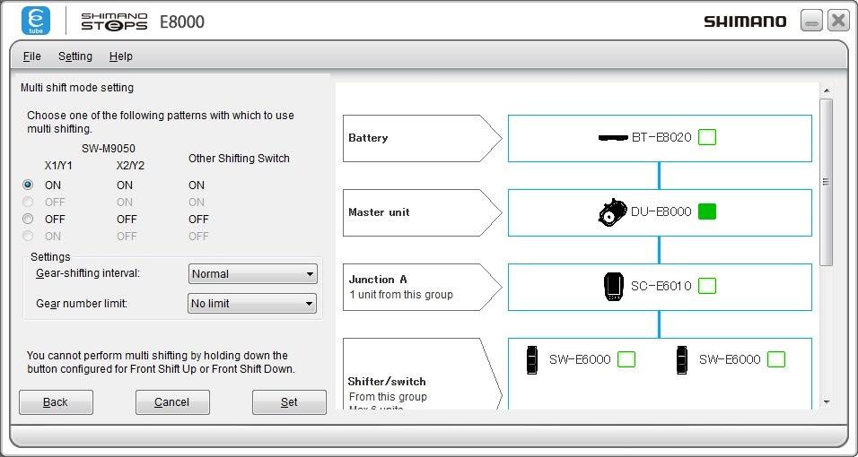 NastavenBENÍolutemulti-shift Nastavení režimu multi-shift lze změnit. Multi-shift je funkce, pomocí které se při přidržení přepínače řazení přesouvá zadní přehazovačka o několik koleček v řadě.