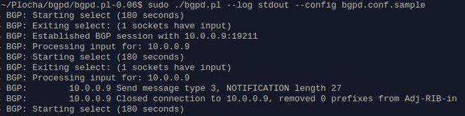 Bgpd.pl se nedá použít jako směrovač v reálné síti, protože nemá podporu propagování směrovacích informací (nemá implementovaný kód pro posílání směrovacích informací sousedním směrovačům).