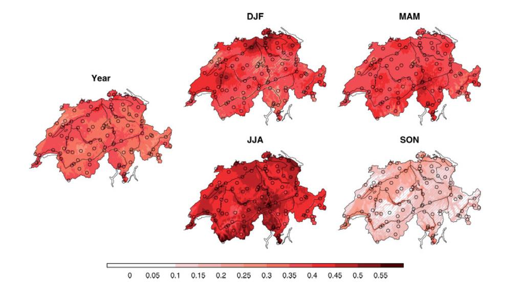 minimální i maximální teplotu). V ostatních sezónách jsou teplotní trendy v naprosté většině kladné a často statisticky významné. Obr.