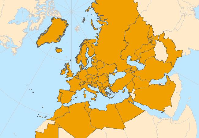 Obr. 9, Spolupracující státy přispívající denními klimatickými řadami do projektu ECA.