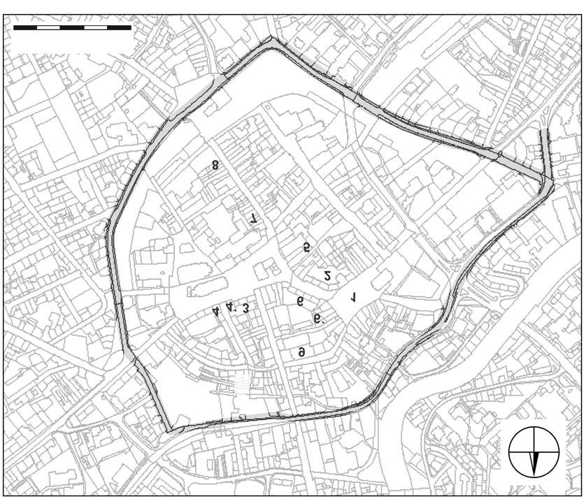 Obr. 2. Katastrální mapa s vyznačením lokalit s nálezy středověkého skla z historického jádra Opavy. 1 Dolní náměstí; 2 Drůbeží trh; 3 Horní náměstí Pekařská Kolářská; 4, 4 Kolářská ulice (výzkum v r.